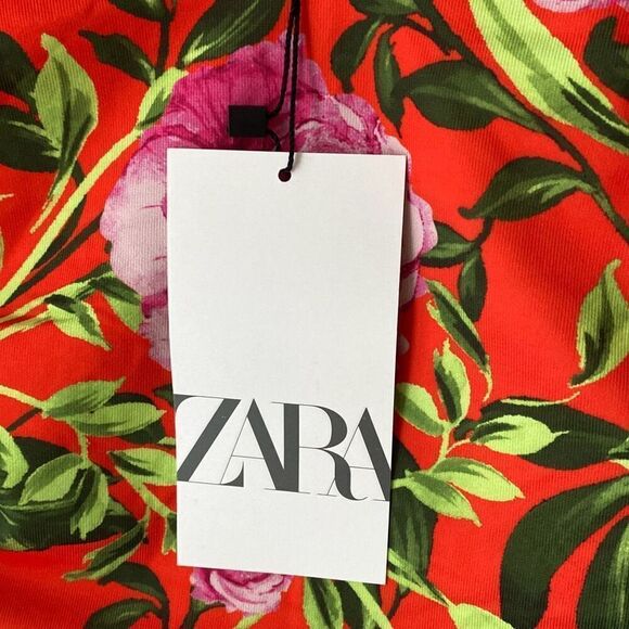 NWT ZARA floral one piece bodysuit ruched size medium orange deep v neck - Picture 2 of 9